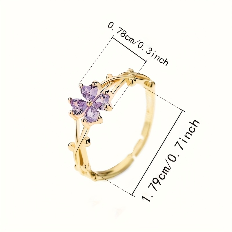 Women's Purple Zirconia Four-Leaf Clover Copper Ring, Light Luxury